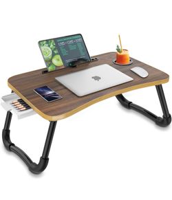 Chestnut 🌰 color /.        Foldable Lap Desk with Storage Drawer, Cup Holder, Tablet Slot & USB Ports - Versatile Bed Tray for Home Office, Gaming &