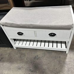 Shoe Bench with Seat Cushion and Drawers White(34”L x16”W x 21” H)
