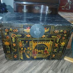 Antique Black Lacquered Handpainted Illustrated Chinese Trunk 