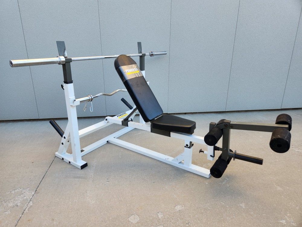 Powertec Adjustable Olympic Weight Bench with Leg Attachment and Bars