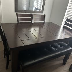 Wood Table  With 4 Chairs And Leather Seat Bench