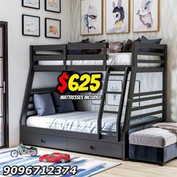 Twin Full Size Black Bunkbed With Orthopedic Mattress 