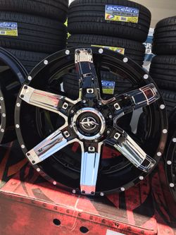 Black and chrome off-road wheels available message me for a package deal!!