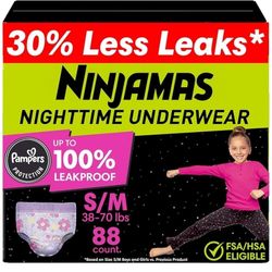 Ninjamas Girls Bedwetting Nighttime Underwear, Size S/M (38-70 lbs), 88 Count, Overnight Protection, Ultra Absorbent, Hypoallergenic