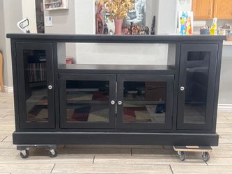 Black Highboy-Style TV Stand & Media Console Glass Cabinet Doors 65”x35”x16.5”