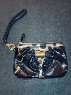 Women’s Betsey Johnson Gold With Black Polka Dots and Bow Detail Wallet / Wristlet Bag