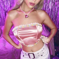 New Icon Appliqués Barbie Pink Lace Up Side Satin Crop Tube Top - Women’s Small