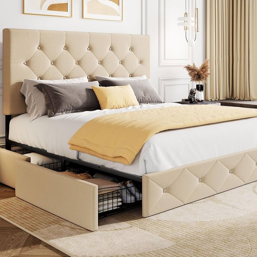 Upholstered Full Size Platform Bed Frame with 4 Storage Drawers, Adjustable Headboard with Diamond Stitched Button Tufted Design, Wooden Sl