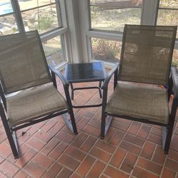 Outdoor Patio Chairs (2) + Glass Side Table – $75