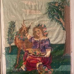 Beautiful Vintage Needlepoint Tapestry FolkloreArtwork Framed $30