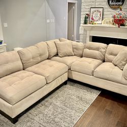 Cindy Crawford Tan 2 Pieces Couch, Large Piece is 107in And Small Piece is 61in 