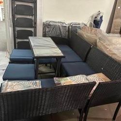 Newly Assembled 6 Pieces Outdoor Dining Set for 9 Outside PE Rattan Conversation Sets Wicker Sofa