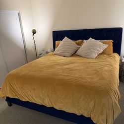 Ashley Furniture Blue Velvet Tufted King Bed Frame with Sealy Performance Posturepedic King Mattress – Available In April