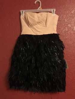 Twelve by Twelve XS Black Blush Coral Peach Feather Strapless Mini Dress NWT