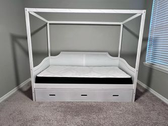 White Canopy Daybed with Storage Trundle With Mattress  (Twin size) W78x D42x H66 in