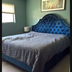 Blue Velvet Sleigh Bed - King Bed Frame
