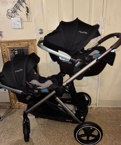 Nuna Pipa RX twin set with Relax car seat bases and Cybex stroller