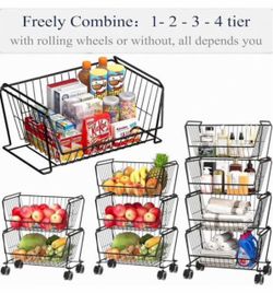 PUSDON 4-Tier Large Stackable Wire Storage Baskets with Wheels, Metal Rolling Utility Cart Organizer, Produce Basket for Kitchen Pantry, Floor Shelf,