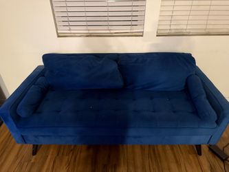 Blue Velvet Tufted Sofa with Throw Pillows