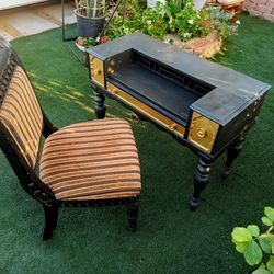 Victorian Black and Gold Writing Desk with Chair