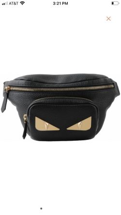 Small FENDI Monster Eye belt bag in black leather and gold plate with shoulder strap