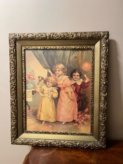 Antique German Lithograph print with gold tone ornate frame 26 x 22in