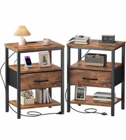 New Rustic Brown Fabric /Metal frame Nightstand with charging station