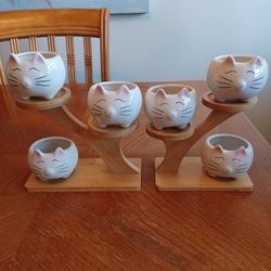 Ceramic Cat Shaped Planters On Wooden Stand
