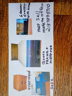 Moving sale everything must go. Queen bed,frame and nightstands and small sofa