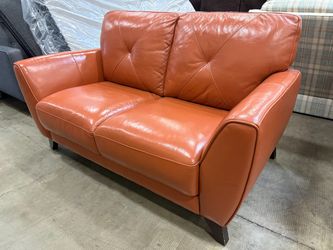 MACY’S Myia Terracotta Leather Loveseat with Decorative Stitching and Splayed Feet