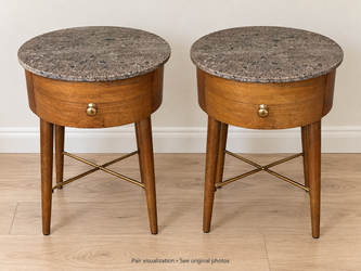 Pair of Round Nightstands with Drawers & Stone-Look Tops