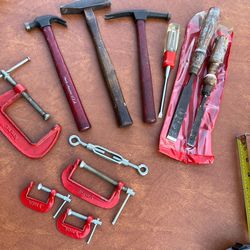 Lot of 11 Woodworking Tools Tack Claw Hammer, Chisels, Turnbuckle Eye/Eye, C-Clamps