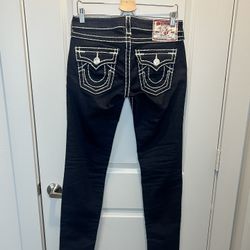 True Religion Women's Dark Blue Skinny Jeans with White Embroidered Logo Size 28