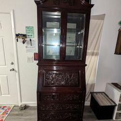 Carved Wood Asian Drop Leaf Secretary Desk