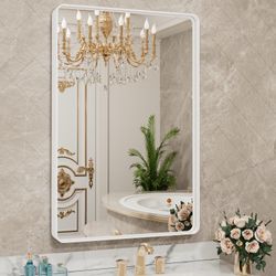 LOAAO 24x32 Inch White Metal Framed Bathroom Mirror For Wall, White Bathroom Vanity Mirror Farmhouse, Large Rounded Rectangle Mirror, Anti-Rust, Hangs