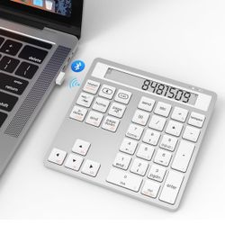 Bluetooth Wireless Number Pad and Calculator 34Keys, Bluetooth & 2.4G USB Numeric Keypad Data Entry with Display for MacBook Pro Air, iMac, Desktop Of