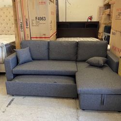 Grey Fabric Sectional Sofa Pullout Bed With Storage 87”x 57”
