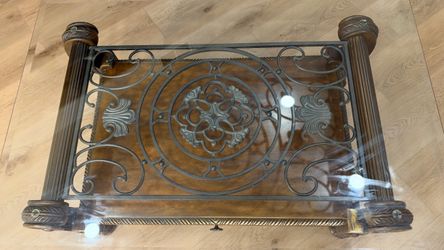 Ornate Wood and Wrought Iron Glass Top Coffee Table