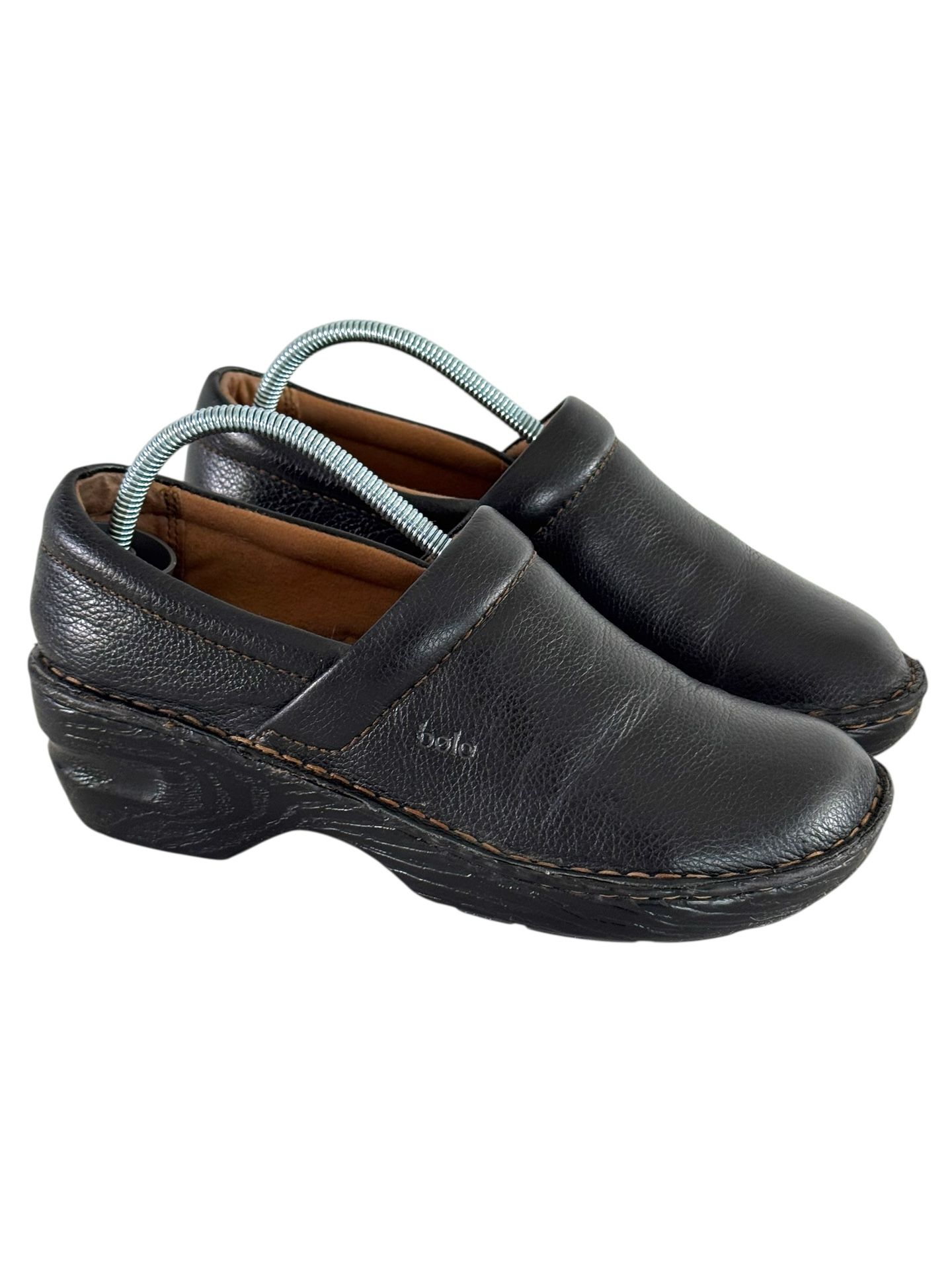 Bolo Shoes Women's 7.5 Casual Comfort Slip On Wedge Clogs Black Leather