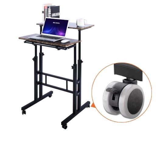 Double Adjustable Computer Desk Home Office Workstation with Rolling Wheels, Portable Laptop Table for Standing or Sitting, Adults or Children,Brown, 