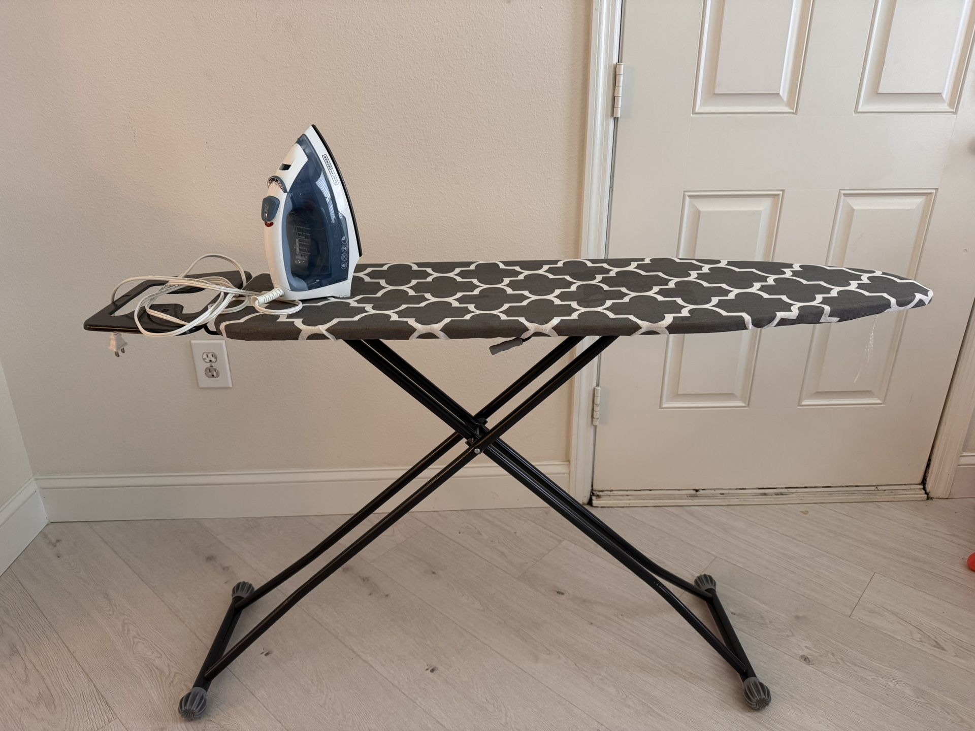 4 Leg Ironing Board with Mesh Top and Iron Rest, Gray Lattice
