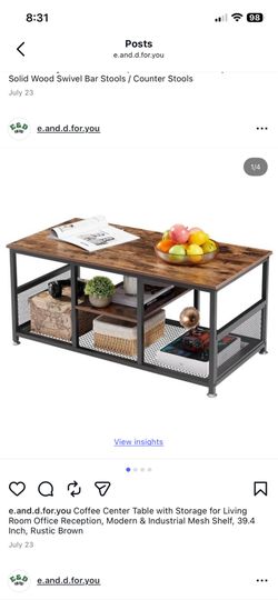 Coffee Center Table with Storage for Living Room Office Reception, Modern & Industrial Mesh Shelf, 39.4 Inch, Rustic Brown