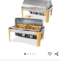 ROVSUN 2 Packs Roll Top Chafing Dish Buffet Set Gold Accent, NSF 9 Quart Rectangular Stainless Steel Chafer, Buffet Servers and Warmers Set Warming