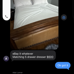 Brown Wood Bedroom Set w/  5- Drawer Dresser, and 6 seater table with leaf