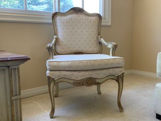 Pair of French Provincial style accent chairs (upholstered & carved wood)
