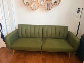 Novogratz Brittany Futon Sofa Bed – Olive Green Linen, Mid-Century