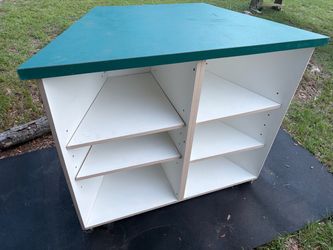 Green and White Storage Cabinet with Shelves