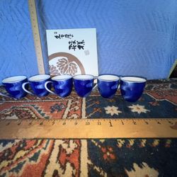 6 Vintage Japanese Blue Porcelain Tea Cups (New/Old In Box)