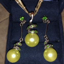 Lab Created Green Pearl Earring And Pendant Set