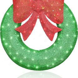 AWQM 1PC Pre-Lit Outdoor Christmas Wreath Decorations, 36'' Bow Holiday Decor Wreath, Christmas Wreath with 90 Lights, Lights Outdoor/Indoor Decoratio